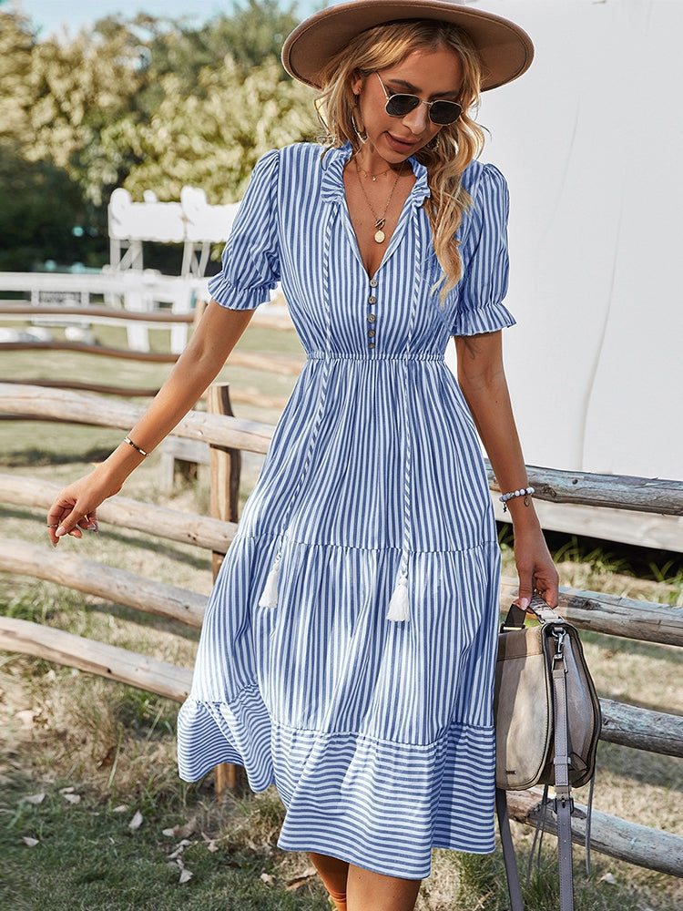 Levoire | Robe Maxi Boho Rayée Avec Volants Pour Femmes Bleu