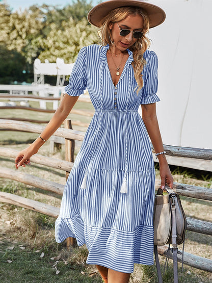 Levoire | Robe Maxi Boho Rayée Avec Volants Pour Femmes Bleu