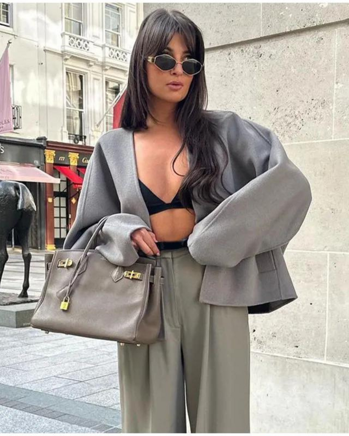 Levoire | Veste Tendance Courte Surdimensionnée Avec Étiquetage À Bouton Pour Femmes Gris