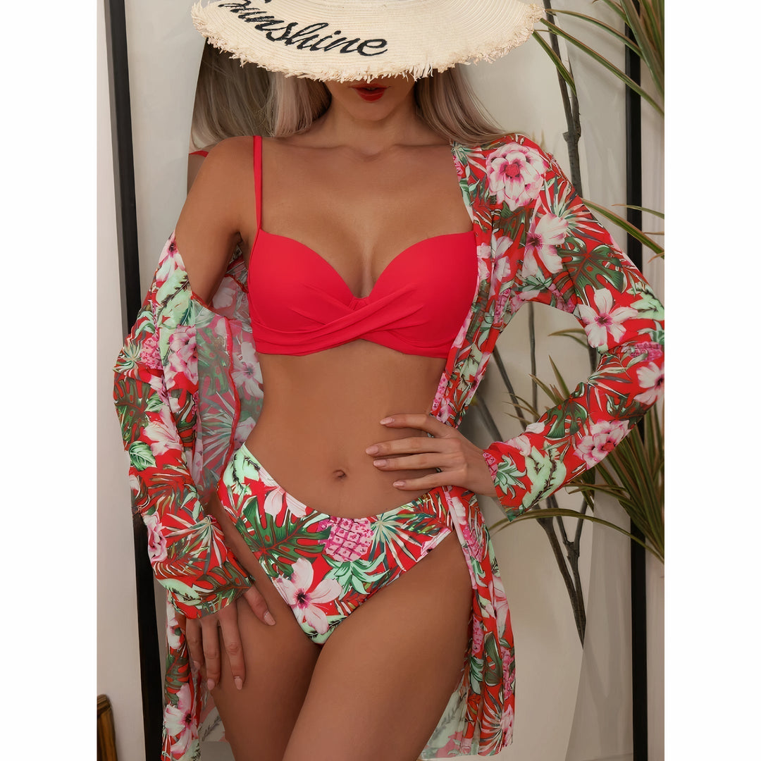 Levoire | Ensemble De Bikini Avec Imprimé Tropical Et Couverture Transparente Pour Femmes Rot
