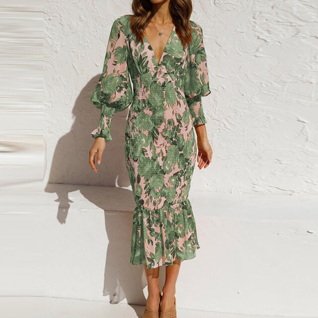 Levoire | Robe Trompette Imprimée Avec Décolleté En V Et Motif Floral Vert