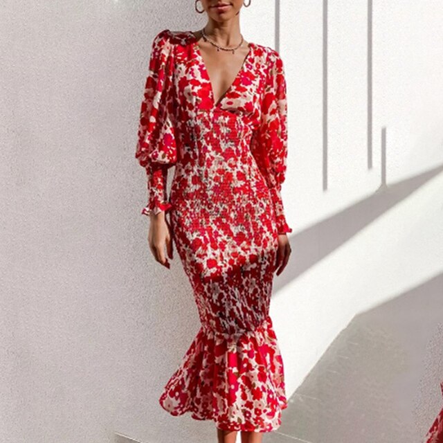 Levoire | Robe Trompette Imprimée Avec Décolleté En V Et Motif Floral Rot