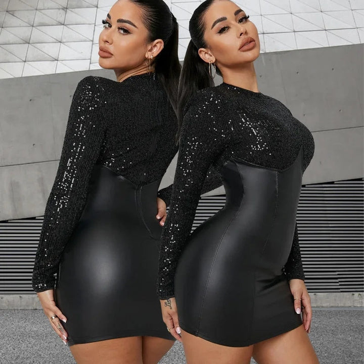 Levoire | Jupe En Pvc À Paillettes Taille Haute Robe Mini À Manches Longues