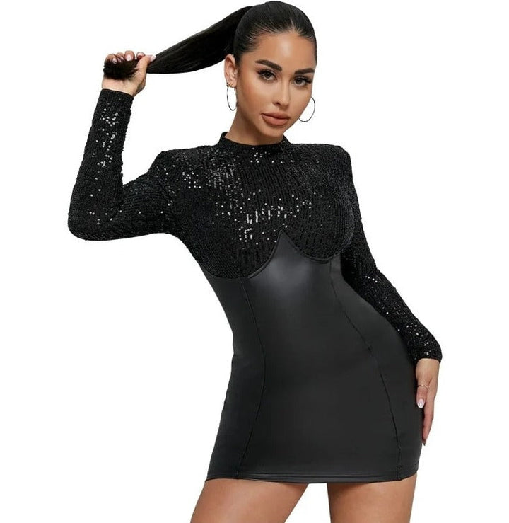 Levoire | Jupe En Pvc À Paillettes Taille Haute Robe Mini À Manches Longues