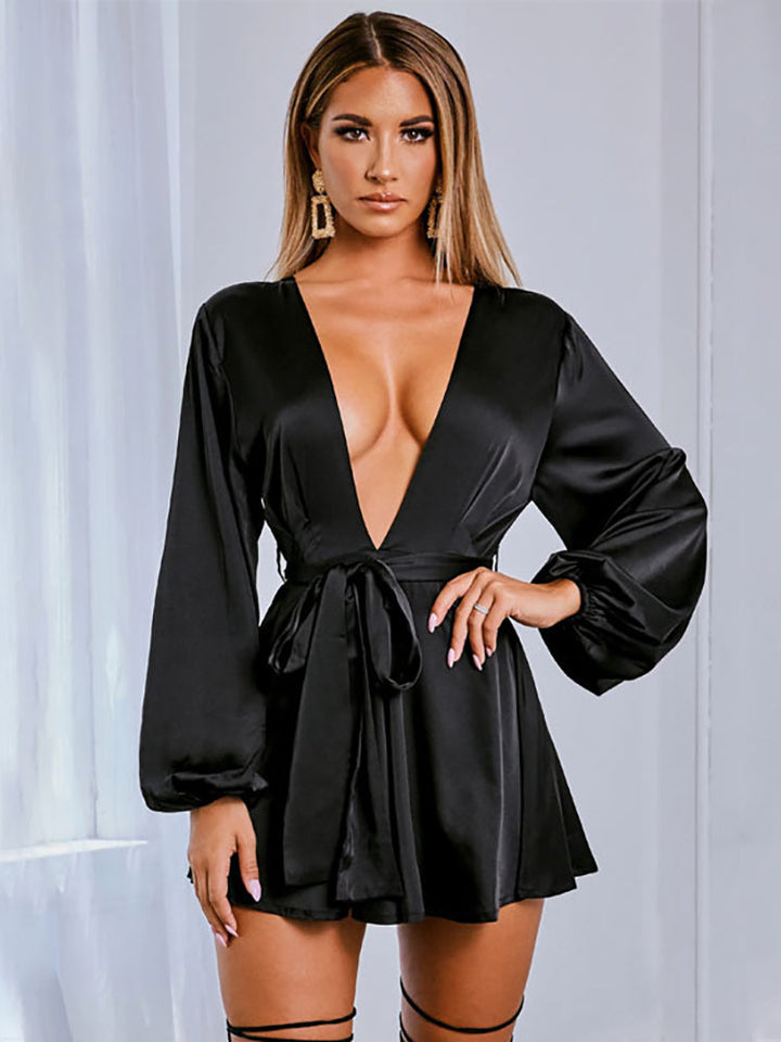 Levoire | Satin Profond V-Lanterne Avec Manches Robes Mini