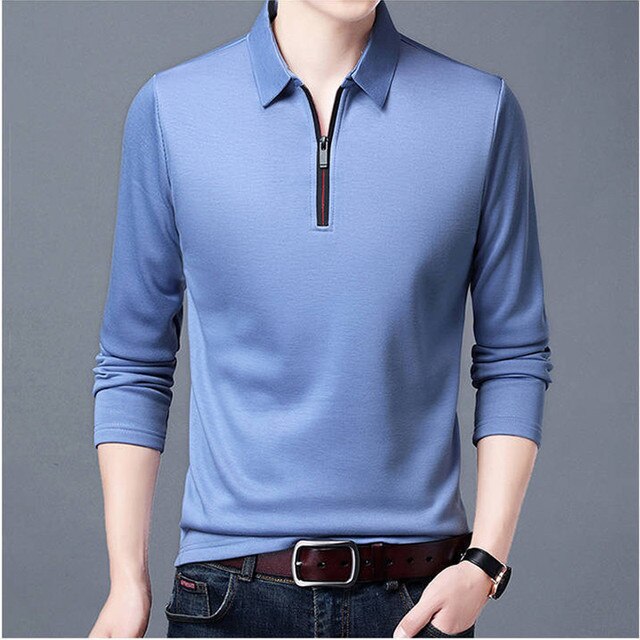 Levoire | Élégante Polo Pour Homme À Manches Longues Avec Fermeture Éclair Bleu clair