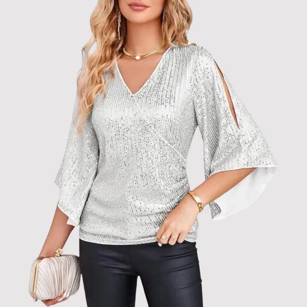 Levoire | Blouse Scintillante Avec Décolleté En V Et Manches Papillon Argent