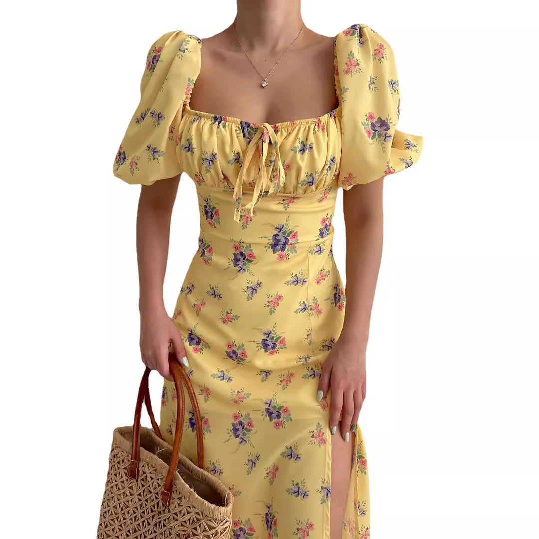 Robe maxi à motif floral pour femmes avec manches bouffantes et fente haute Levoire