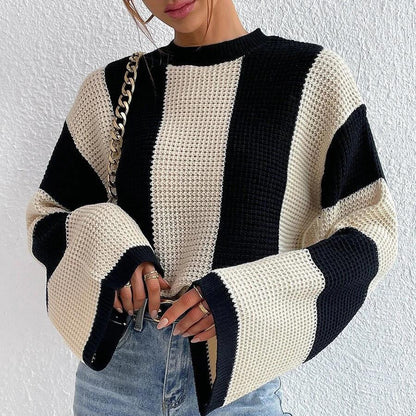 Levoire | Pull Long Décontracté À Manches Longues Avec Motif Rayé Et Col Rond Beige
