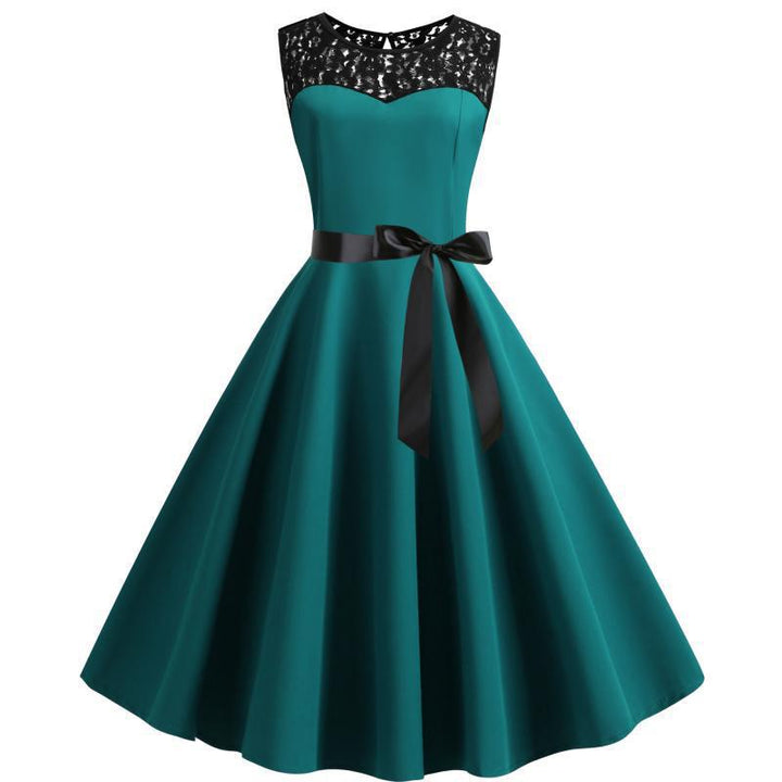 Robe vintage femme en A avec haut en dentelle et ceinture à nouer Levoire