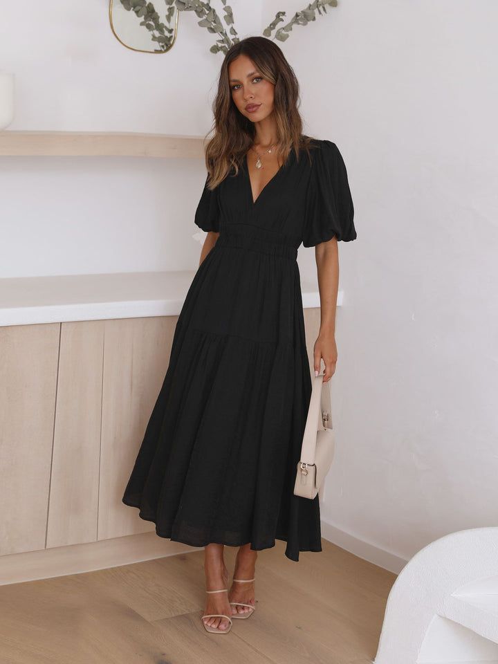 Robe maxi pour femmes avec décolleté en V profond et manches bouffantes volumineuses Levoire