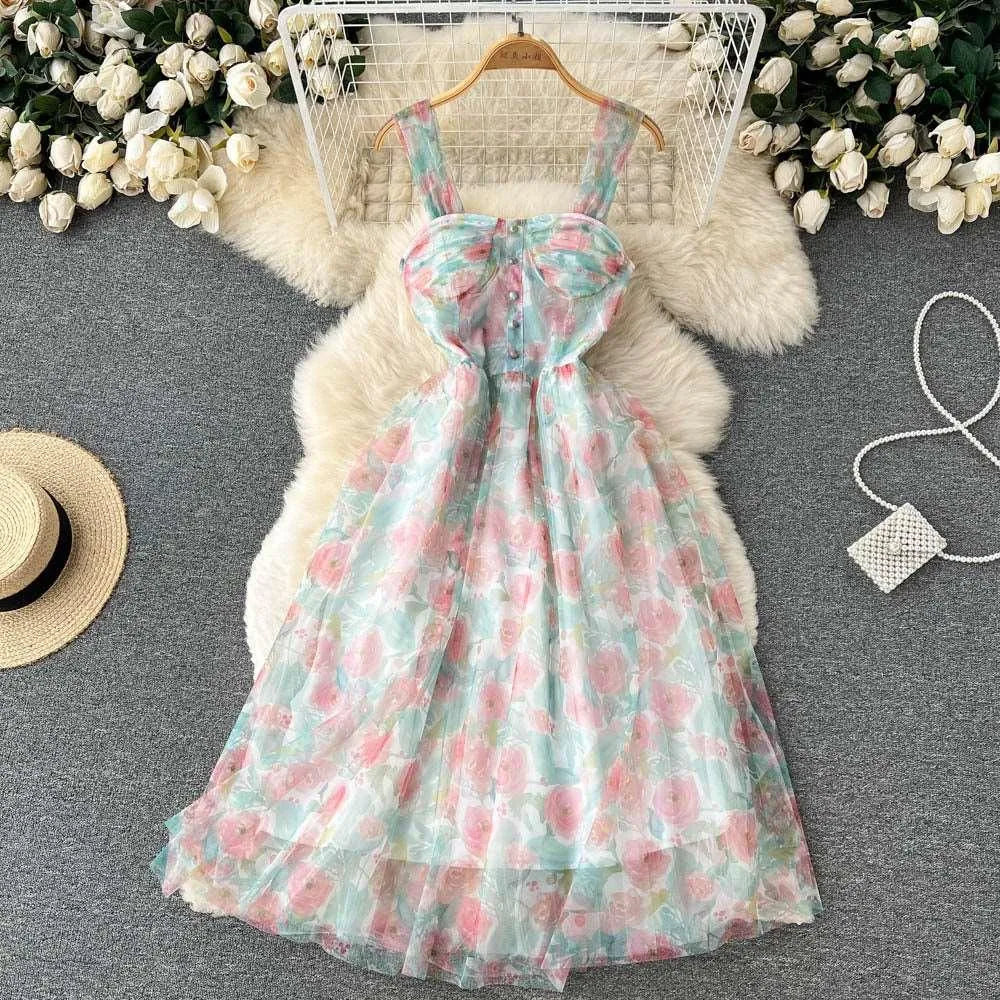 Levoire | Robe à fleurs française Rotti avec le bas vert Taille libre