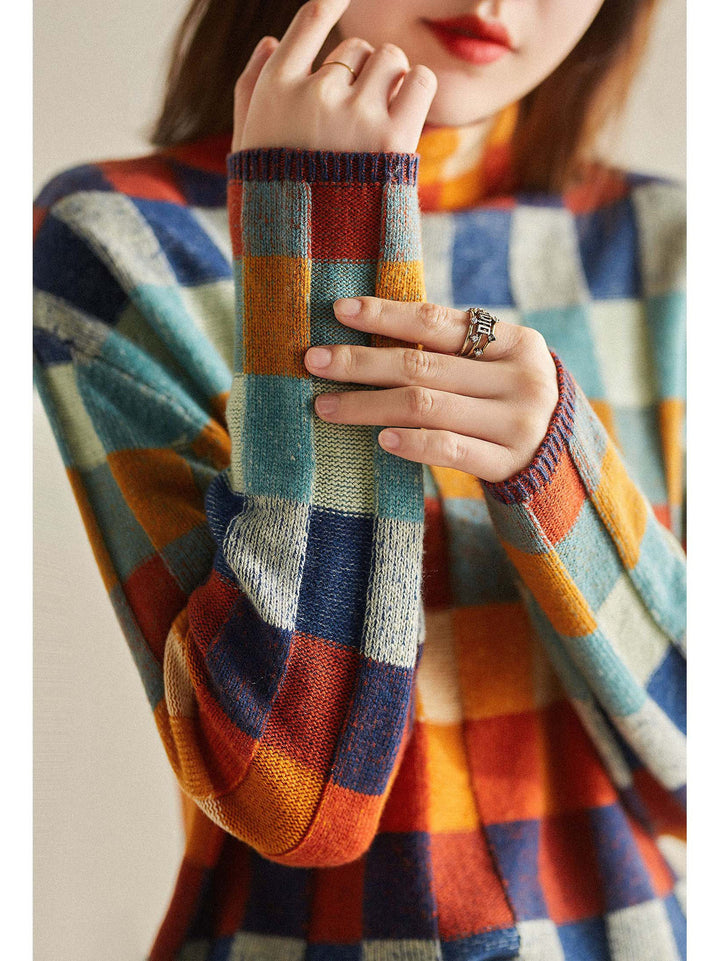 Pull à carreaux coloré pour femmes avec col montant et tricot doux Levoire