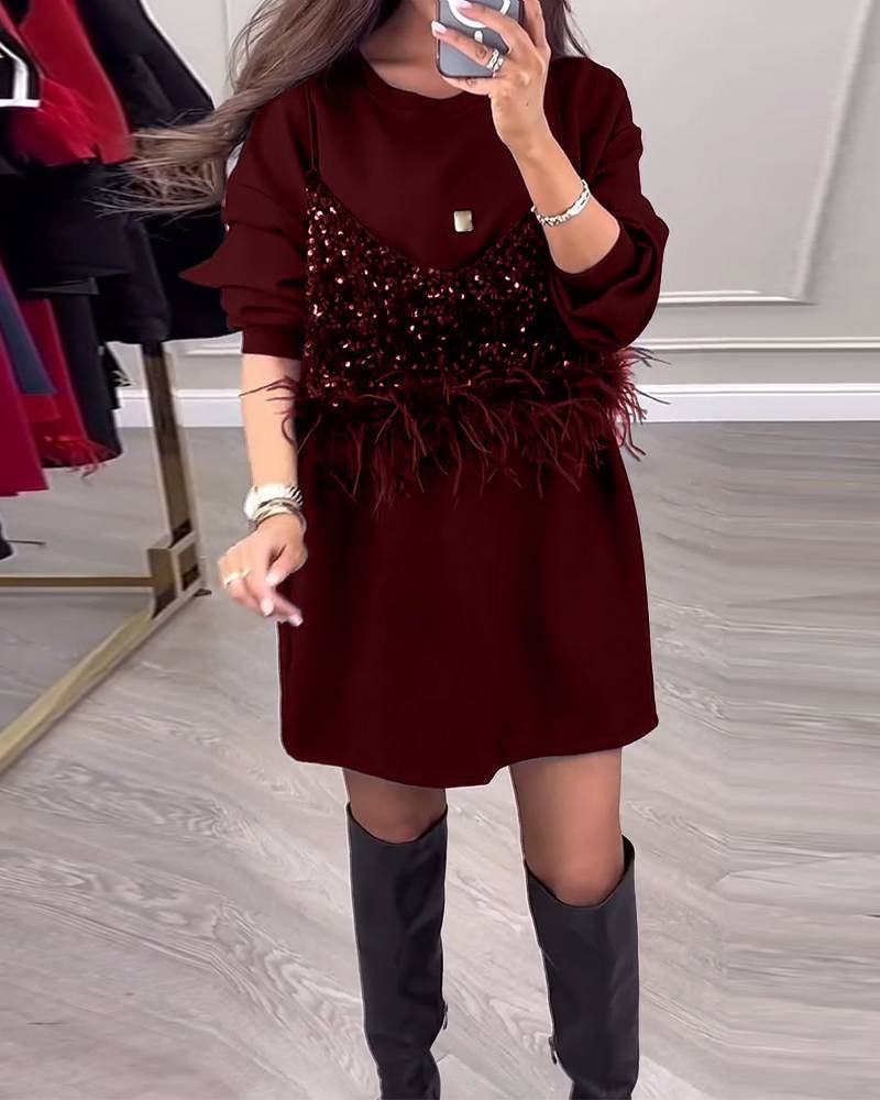 Robe de sweat à la mode pour femmes avec des détails en sequins et plumes Levoire