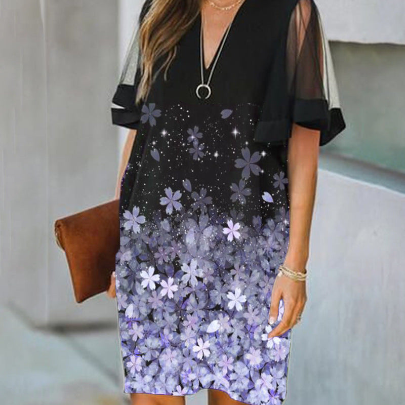 Levoire | Élégant Imprimé Floral Col V Robe à Manches Bouffantes Bleu