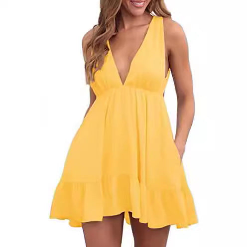 Robe mini décontractée pour femmes avec décolleté en V et détails à volants Levoire