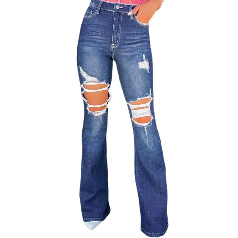 Jeans évasés pour femmes au look détruit avec poches hautes et ourlet effiloché Levoire