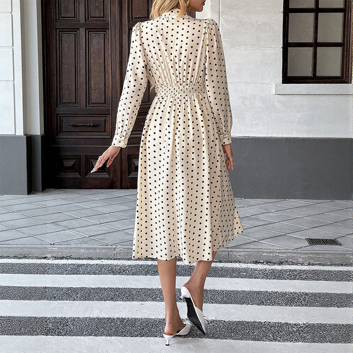 Robe midi à pois pour femmes avec col cravate et manches longues Levoire