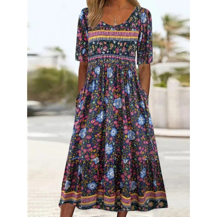 Levoire | Robe imprimée Col rond Robe à manches courtes 3-Colonne d'impression en profondeur
