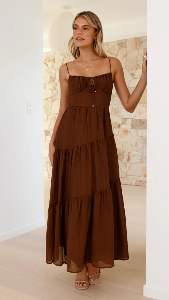 Robe maxi boho-chic pour femme avec bretelles spaghetti réglables et jupe volumineuse Levoire