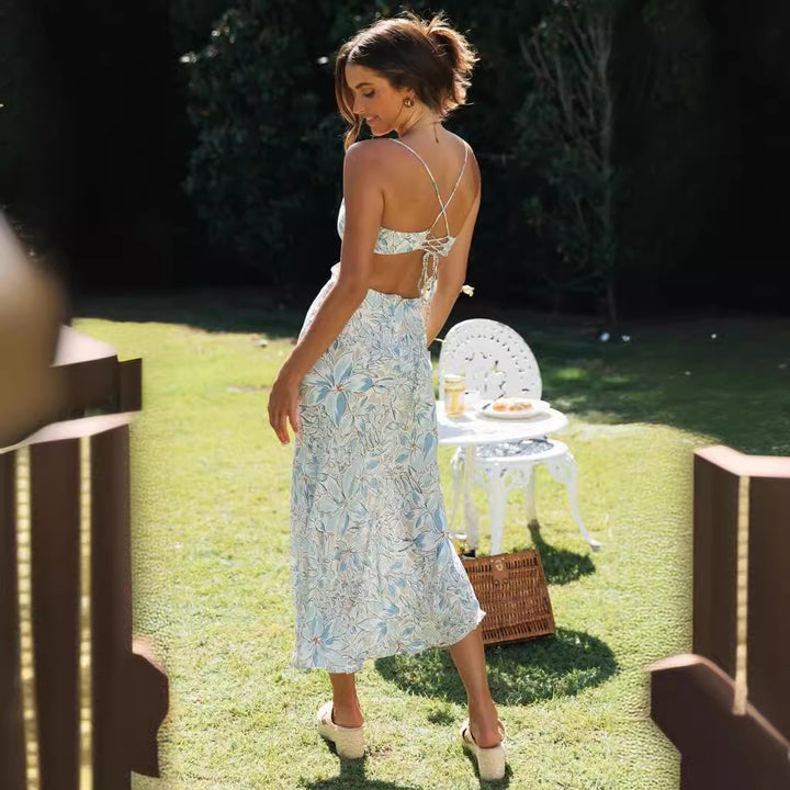 Robe Maxi Femme avec Découpes sur les Côtés et Motif Floral Levoire