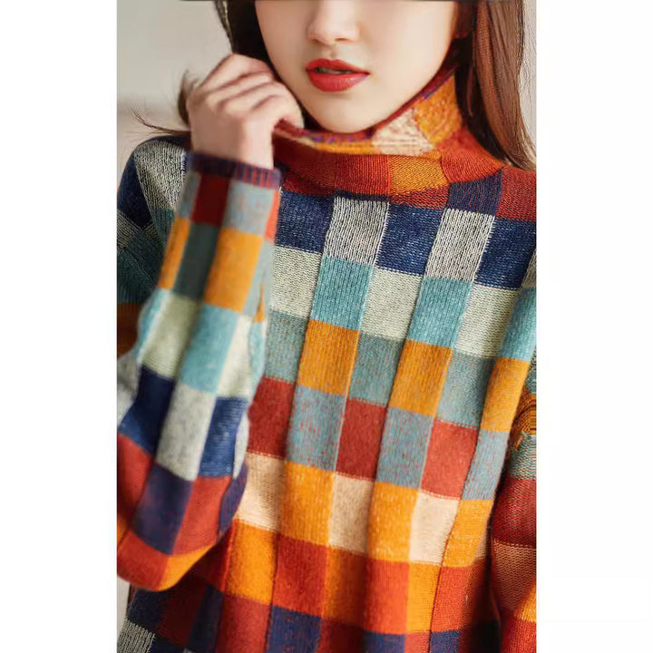 Pull à carreaux coloré pour femmes avec col montant et tricot doux Levoire