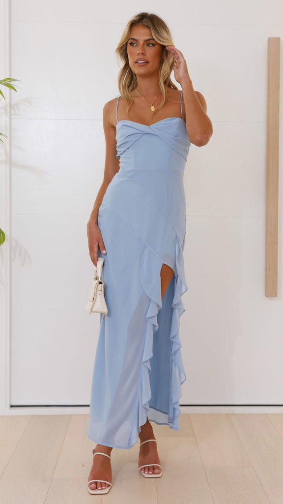 Robe maxi à manches longues pour femmes avec détails en volants et fente haute Levoire