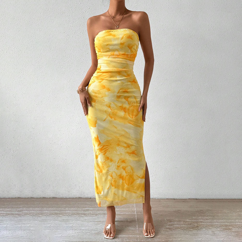 Robe maxi à manches longues pour femmes avec encolure bandeau et fente haute Levoire