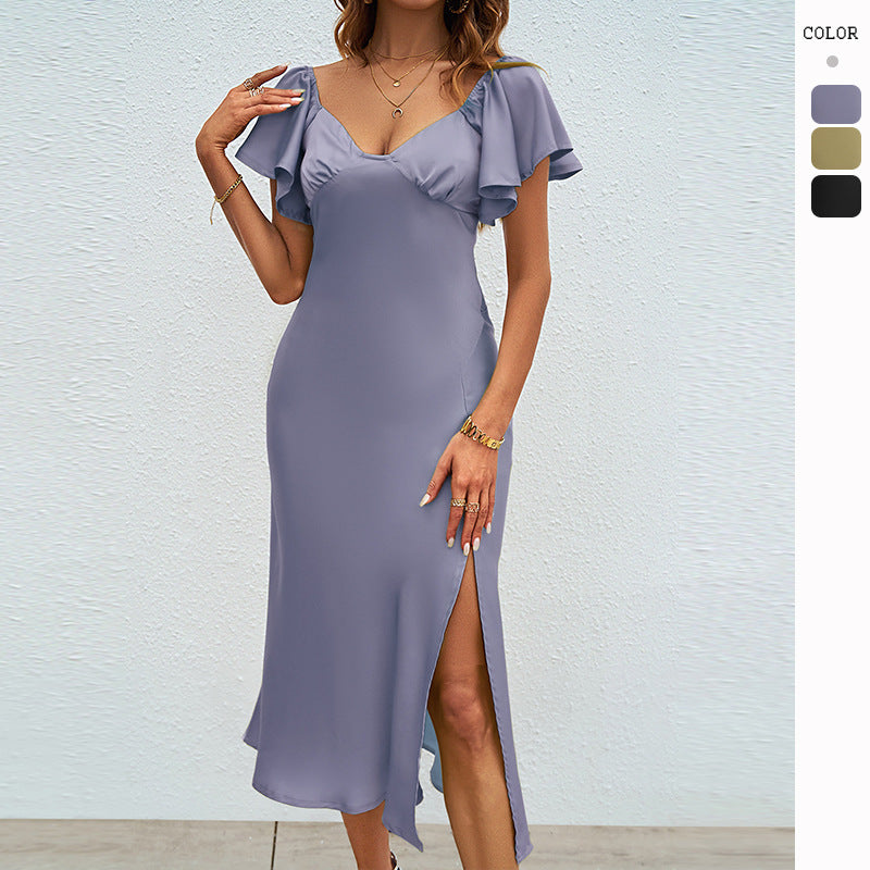 Robe maxi femme avec des manches volantes volumineuses et une fente latérale Levoire