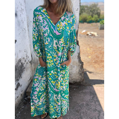 Levoire | Élégant Combinaison Imprimée Décontractée V Col Robe Longue Vert