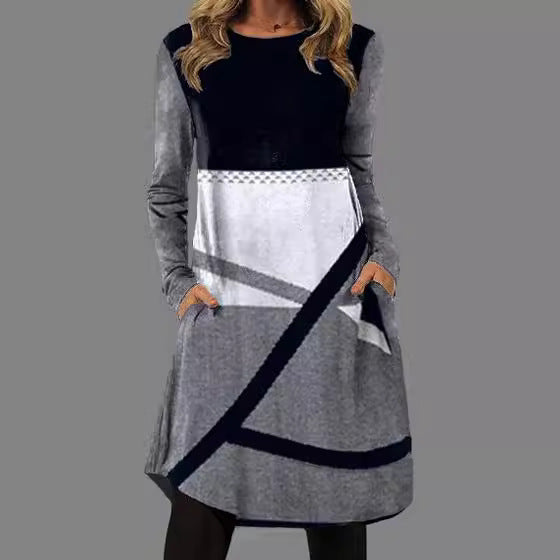 Levoire | Trendik Imprimé Col Ronde Longue Manche Tissu Poche Robe