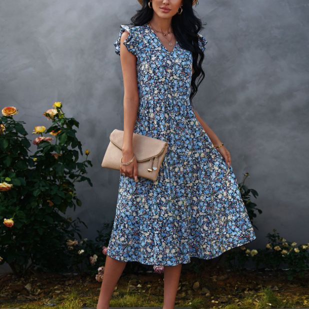 Robe évasée pour femmes avec des manches voluminées à volants et des détails floraux Levoire