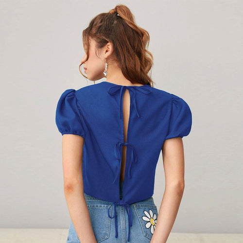 Haut court pour femmes avec manches bouffantes et col rond doux Levoire