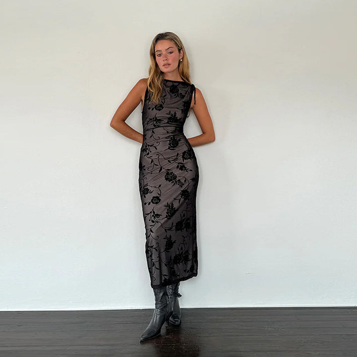 Robe Maxi Élégante pour Femmes avec Motif en Dentelle Florale et Design Sans Manches Levoire