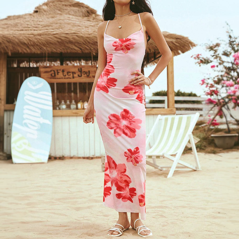 Robe maxi femme avec design floral et bretelles spaghetti ajustables Levoire