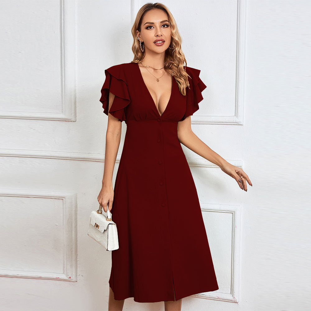 Robe midi élégante pour femmes avec détails en volants et patte de boutonnage Levoire