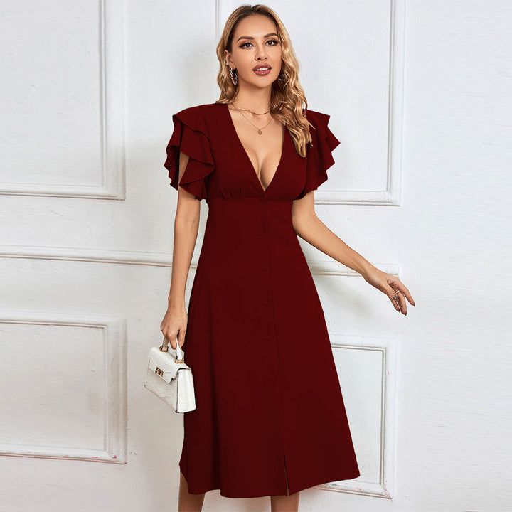 Robe midi élégante pour femmes avec détails en volants et patte de boutonnage Levoire