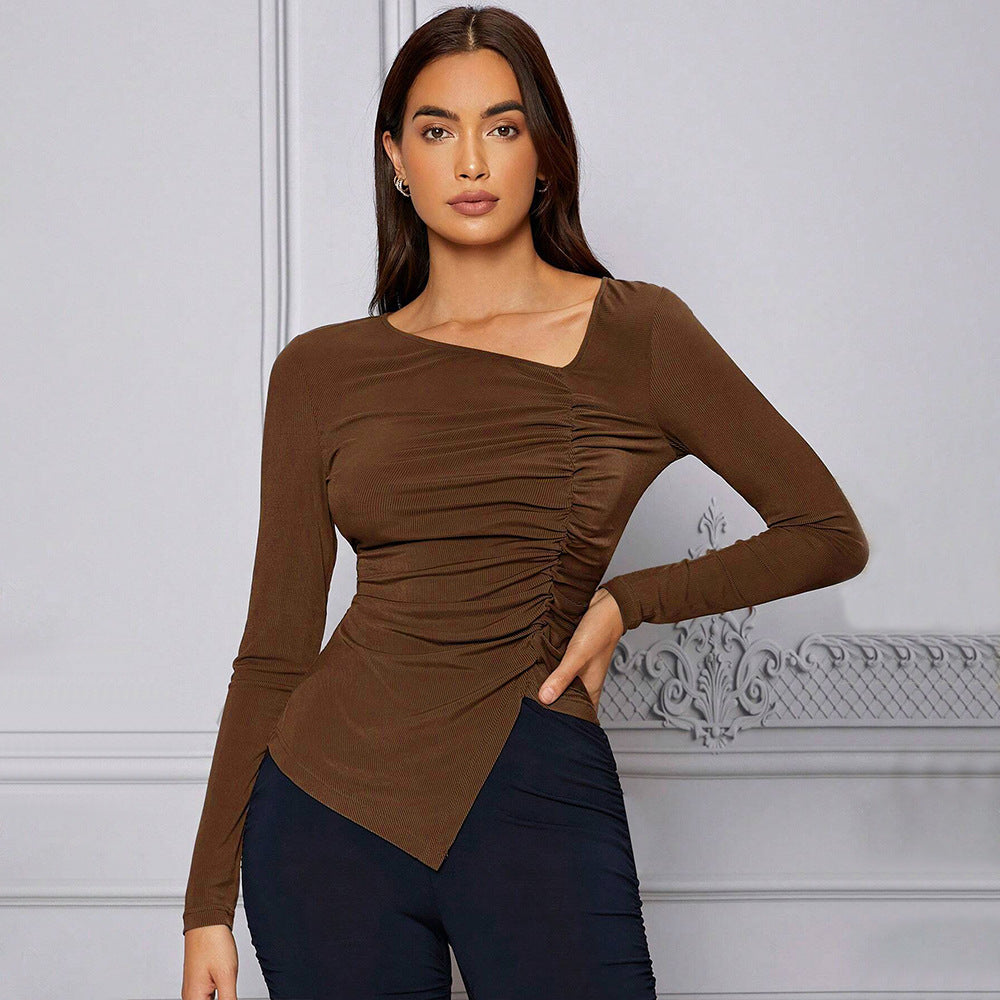 Haut ajusté à manches longues femmes avec design de drapage asymétrique Levoire