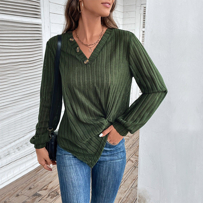 Chemise à manches longues à la mode pour femmes avec décolleté en V et boutons décoratifs Levoire