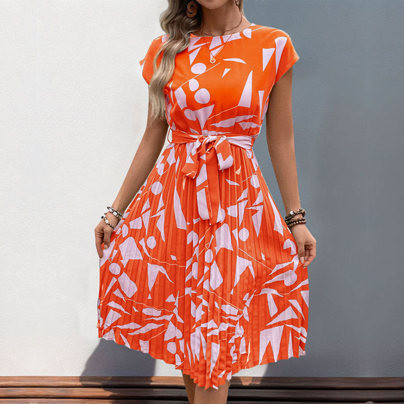 Robe maxi plissée pour femmes avec motif artistique et ceinture à nouer ajustable Levoire