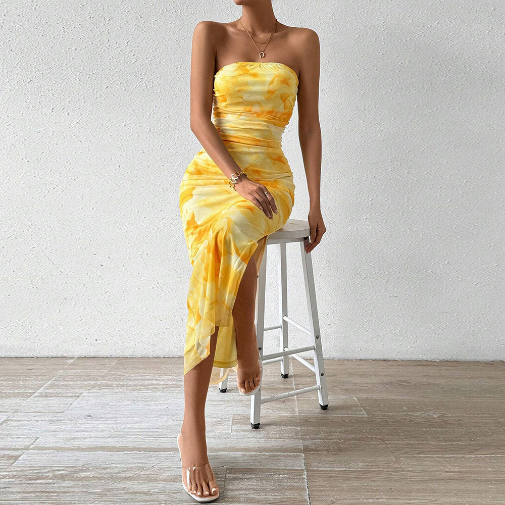 Robe maxi à manches longues pour femmes avec encolure bandeau et fente haute Levoire