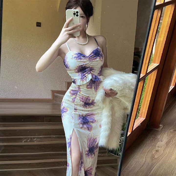 Levoire | Robe bodycon à bretelles spaghetti imprimée remarquable Lila Fleur
