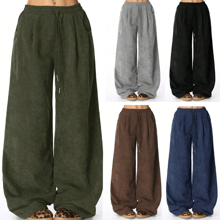 Pantalon large en corduroy à la mode pour femmes avec taille élastique et poches pratiques Levoire