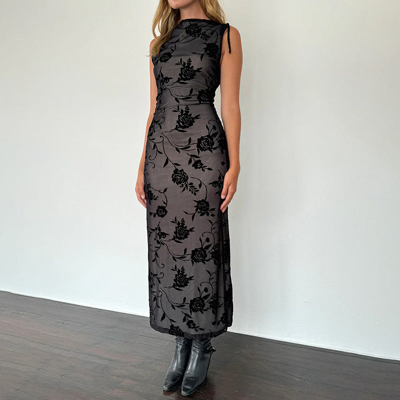 Robe Maxi Élégante pour Femmes avec Motif en Dentelle Florale et Design Sans Manches Levoire