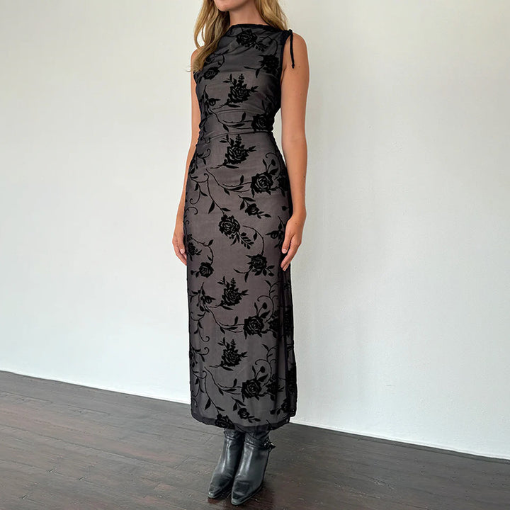 Robe Maxi Élégante pour Femmes avec Motif en Dentelle Florale et Design Sans Manches Levoire