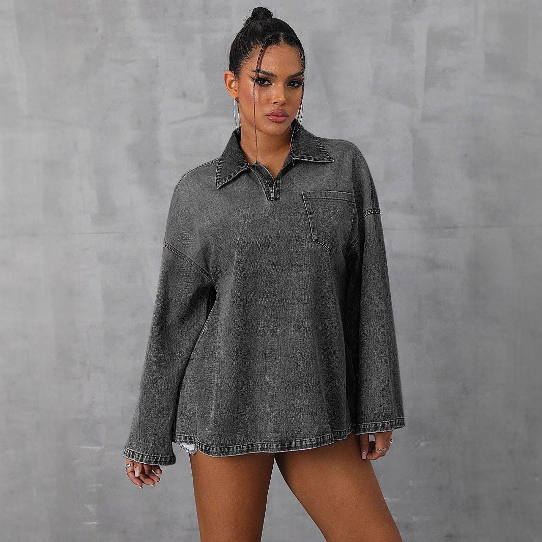 Blouse en denim surdimensionnée pour femmes avec fermeture éclair pratique et col décontracté Levoire