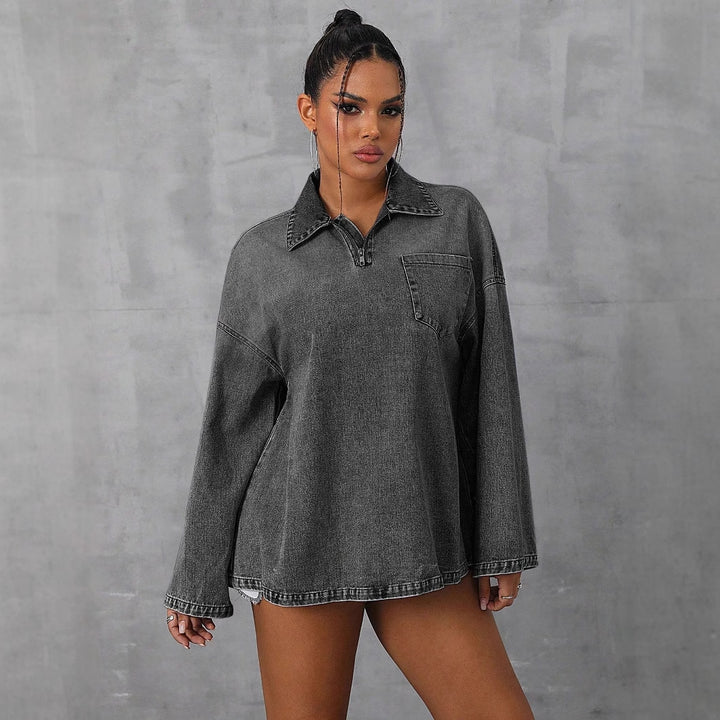 Blouse en denim surdimensionnée pour femmes avec fermeture éclair pratique et col décontracté Levoire