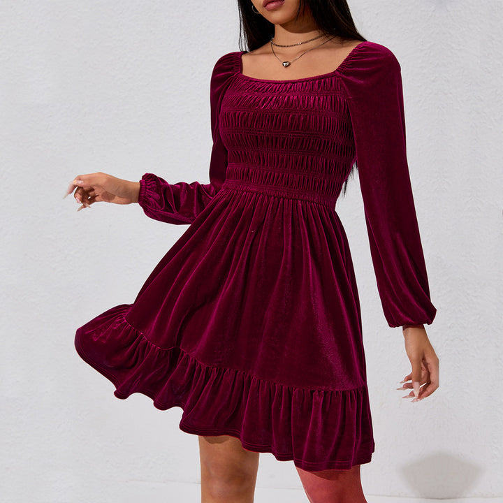 Robe Mini en Velours pour Femmes avec Détails Volants et Taille Élastique Levoire