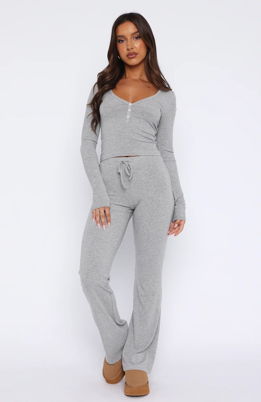 Levoire | Top confortable Pantalons longs Ensemble en deux pièces en soie Gris clair