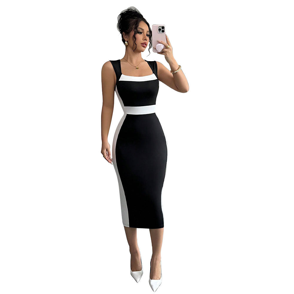 Robe midi ajustée pour femmes avec une coupe contrastée à la mode et des bretelles fines Levoire